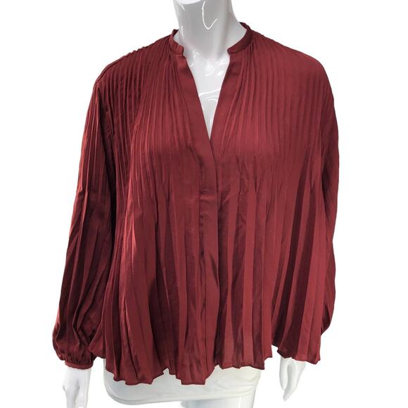 Vince Womens Size XS Chevron Pleated Blouse Top Flowy V Neck Popover Shirt Red - Picture 1 of 16